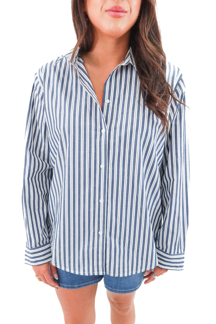 quince blue/white hudson stripe button up top (l; retail $49)