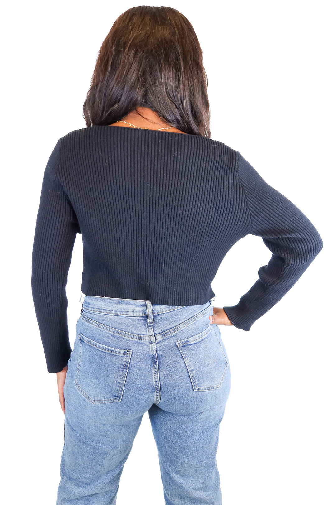 black knit ribbed tie front sweater (M)*
