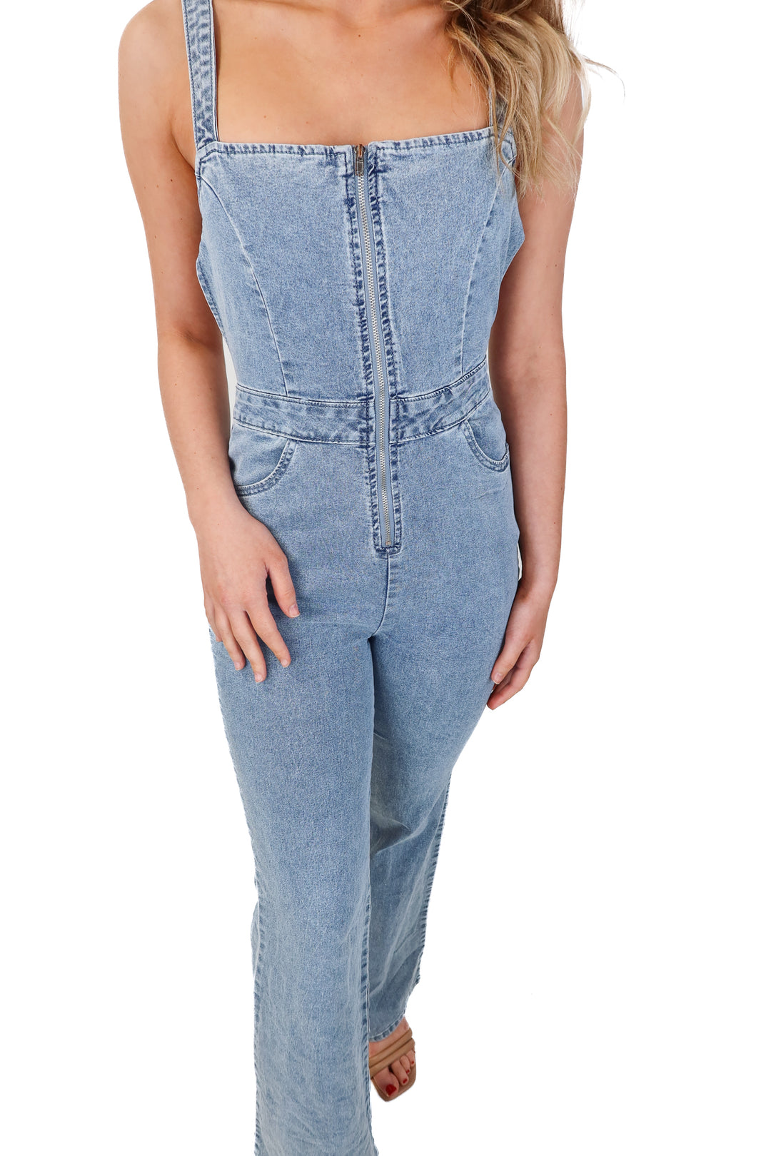 blue blush light wash denim jumpsuit (s)