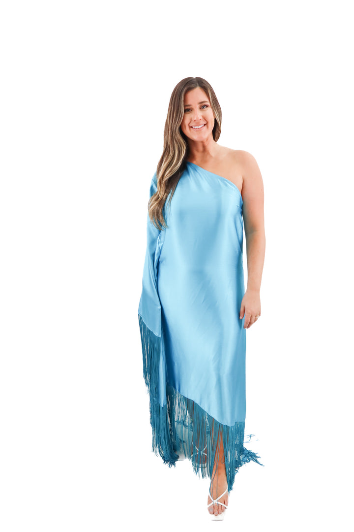 wanni fuga turquoise one-shoulder fringed dress (18; retail $395)
