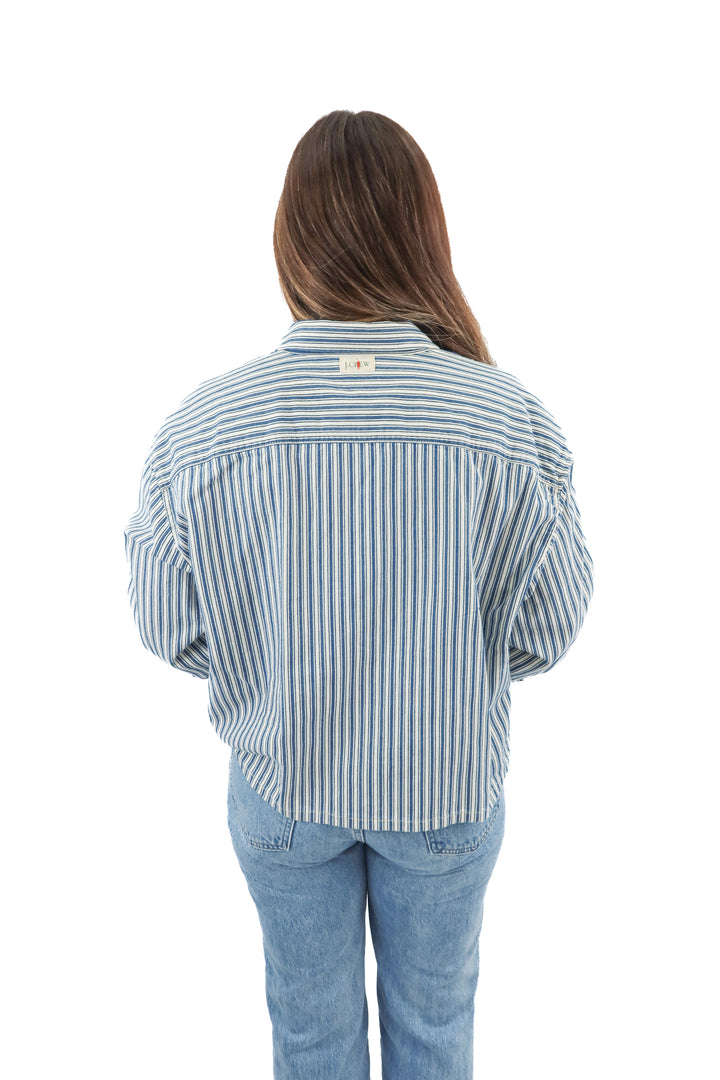 j. crew blue/white stripe button up top (M)
