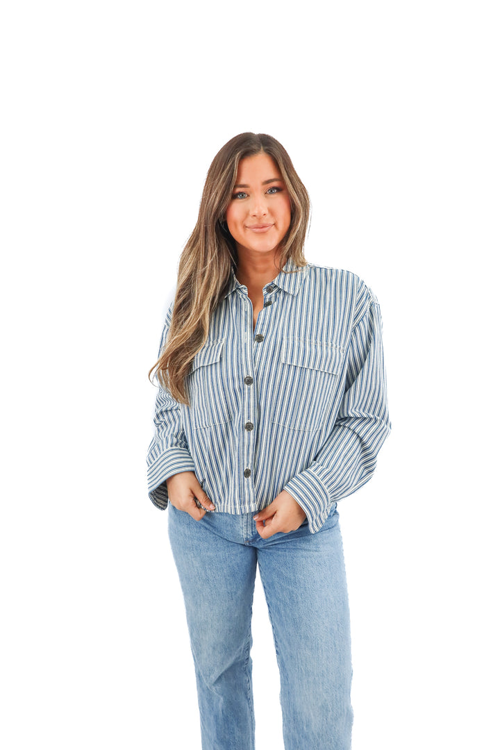 j. crew blue/white stripe button up top (M)