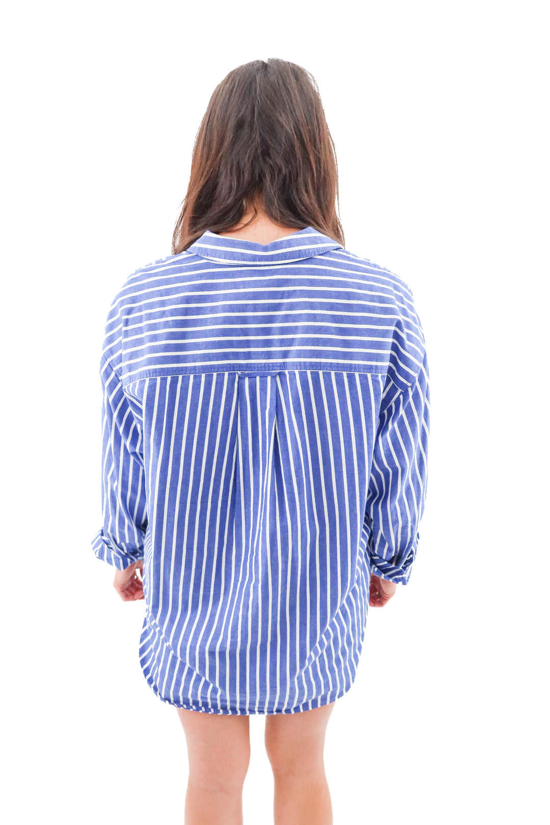 j.crew blue stripe etienne oversized fit button up top (m; retail $114)