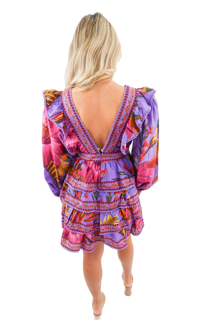 Farm Rio purple floral mini long sleeve dress (S; retail $255)