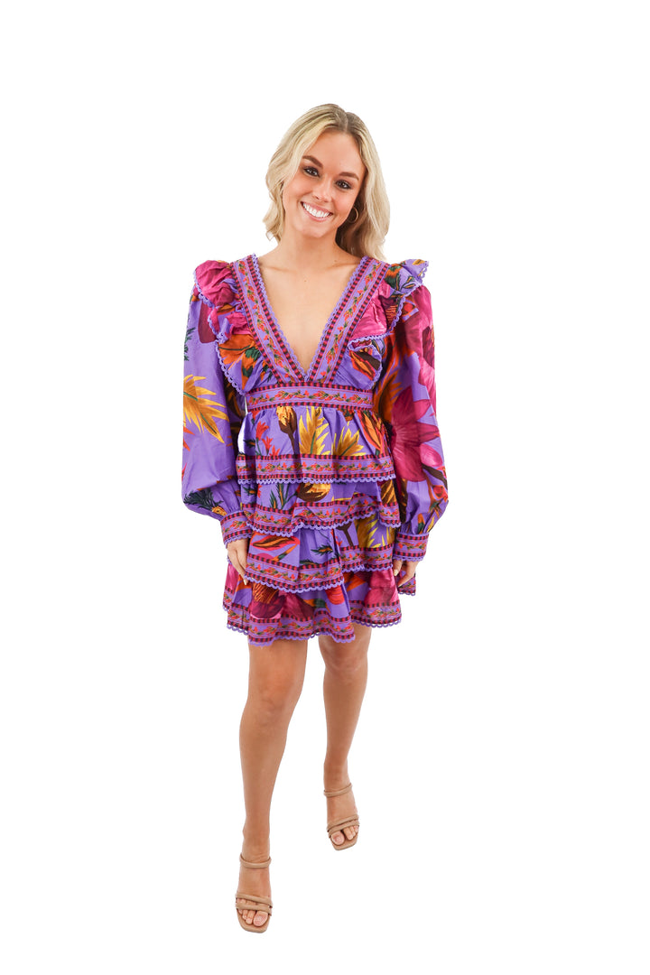 Farm Rio purple floral mini long sleeve dress (S; retail $255)