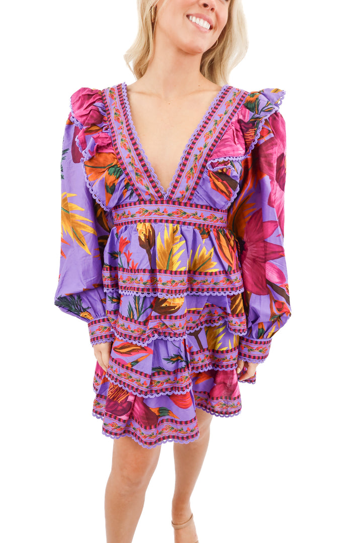 Farm Rio purple floral mini long sleeve dress (S; retail $255)