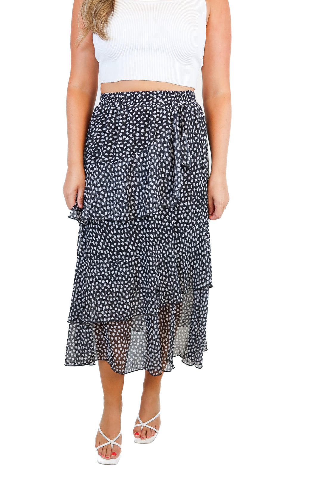 black and white ruffle maxi skirt (s)*