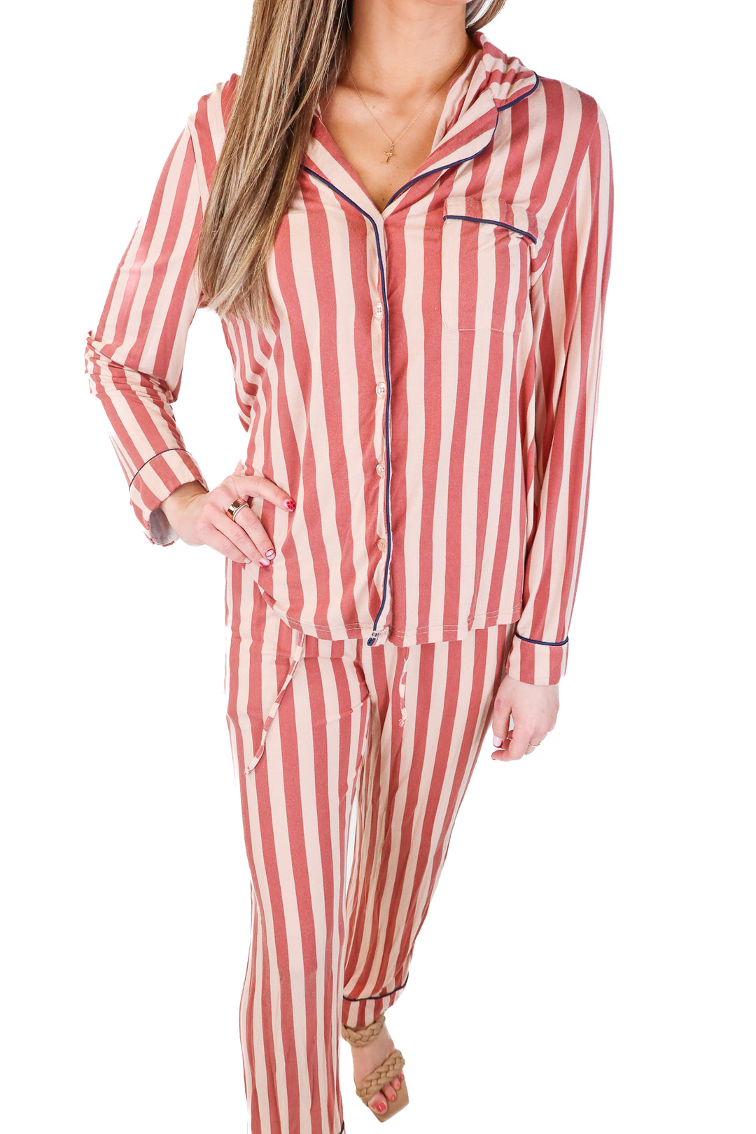 cozy earth red/tan striped pj set (xs; retail $230)