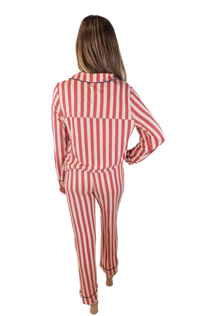 cozy earth red/tan striped pj set (xs; retail $230)
