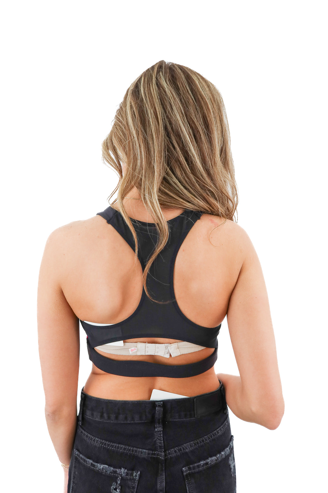 reebok black/pink colorblock sports bra (s; retail $45)