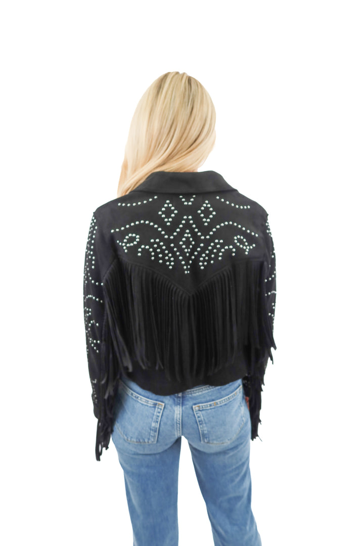 Idyllwind black faux suede studded fringe jacket (XS)