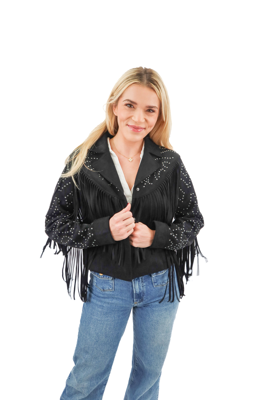 Idyllwind black faux suede studded fringe jacket (XS)