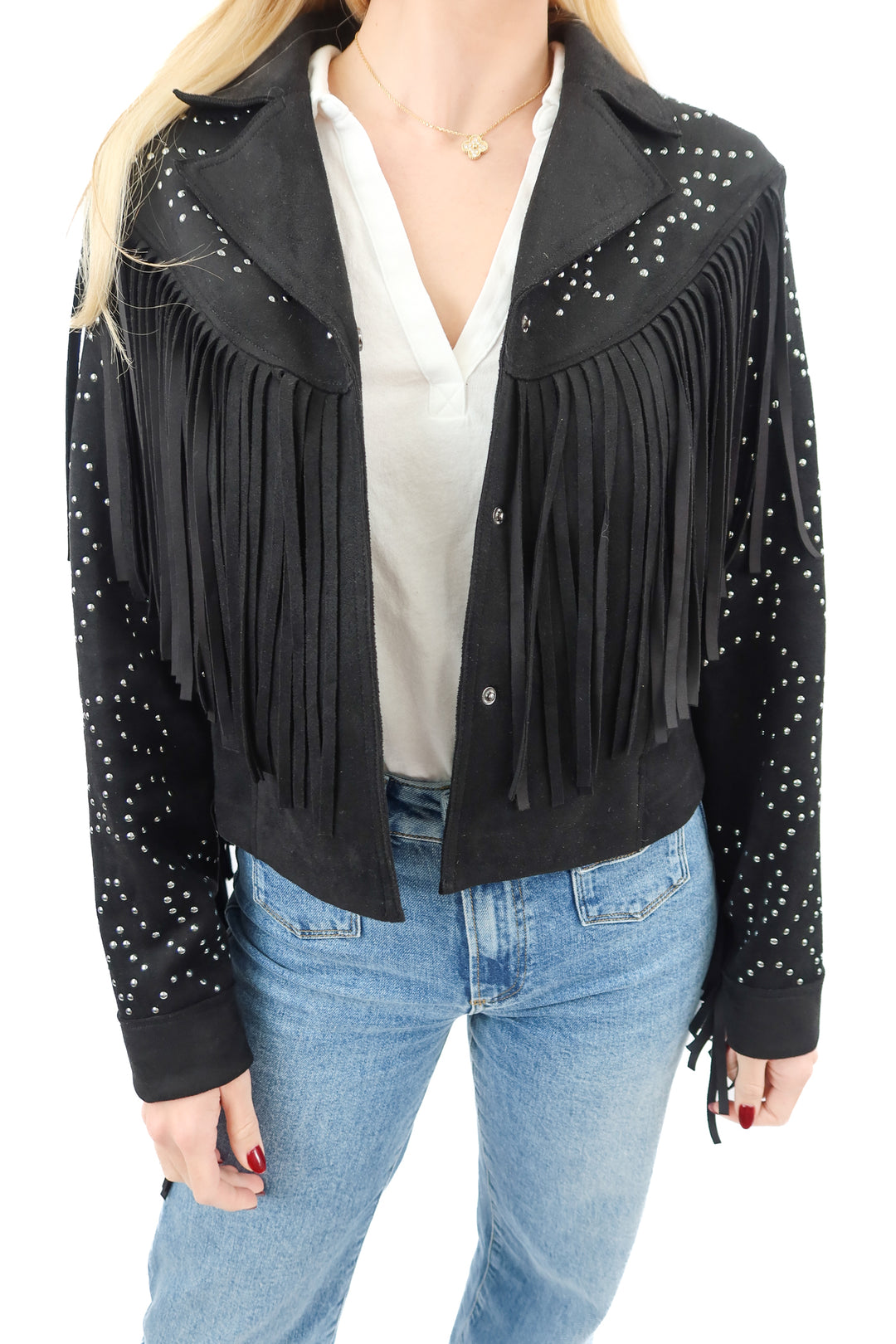 Idyllwind black faux suede studded fringe jacket (XS)
