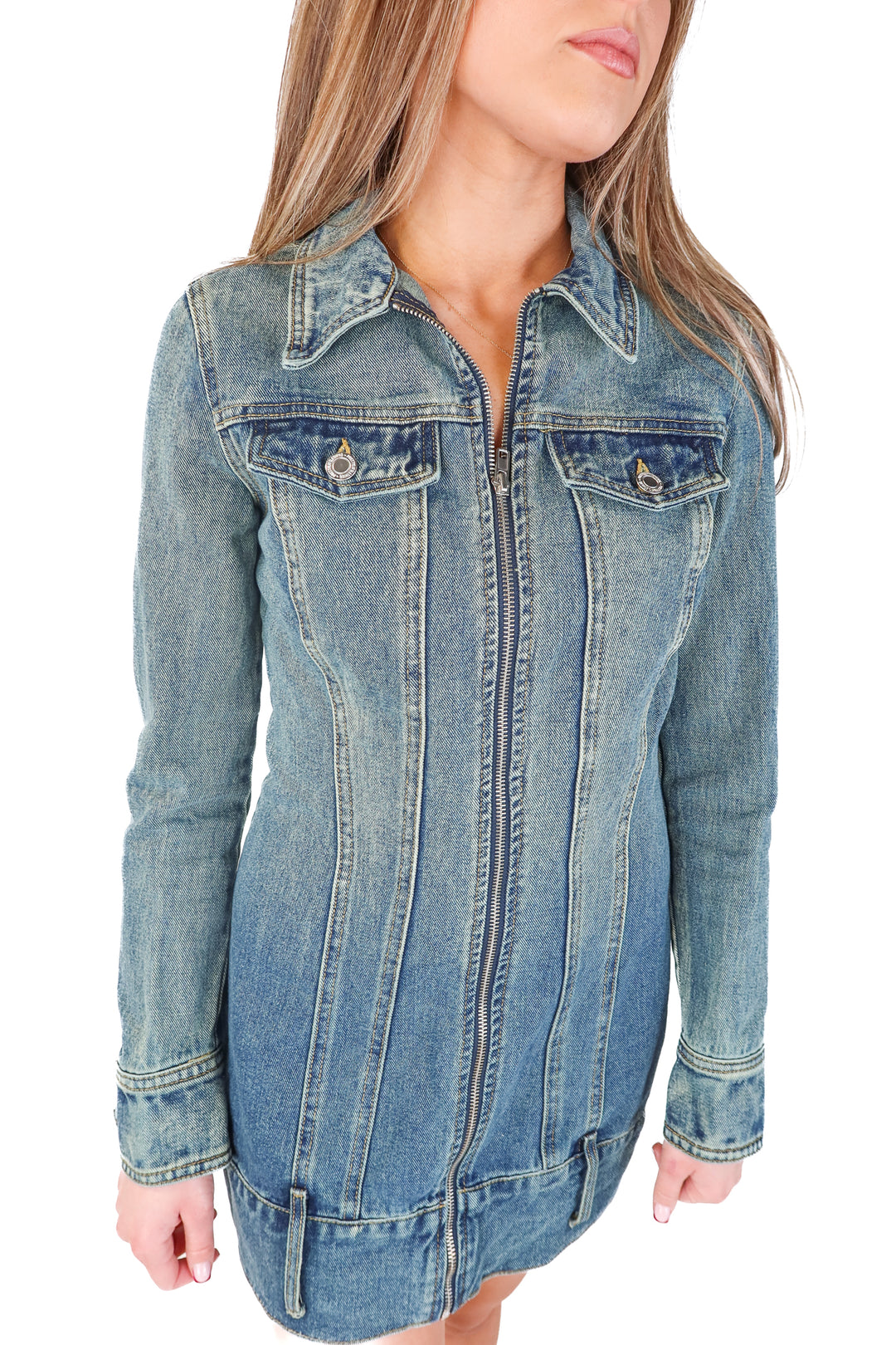 pretty little thing denim mini dress (4; retail $65)