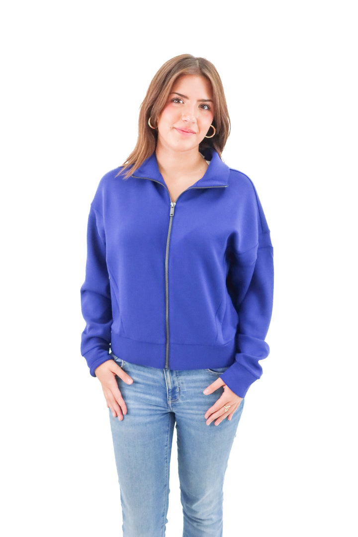 spanx airessentials cobalt blue full zip jacket (m; $138)
