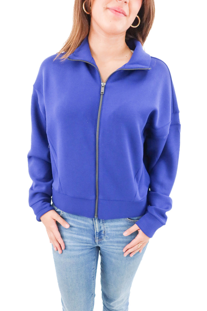 spanx airessentials cobalt blue full zip jacket (m; $138)