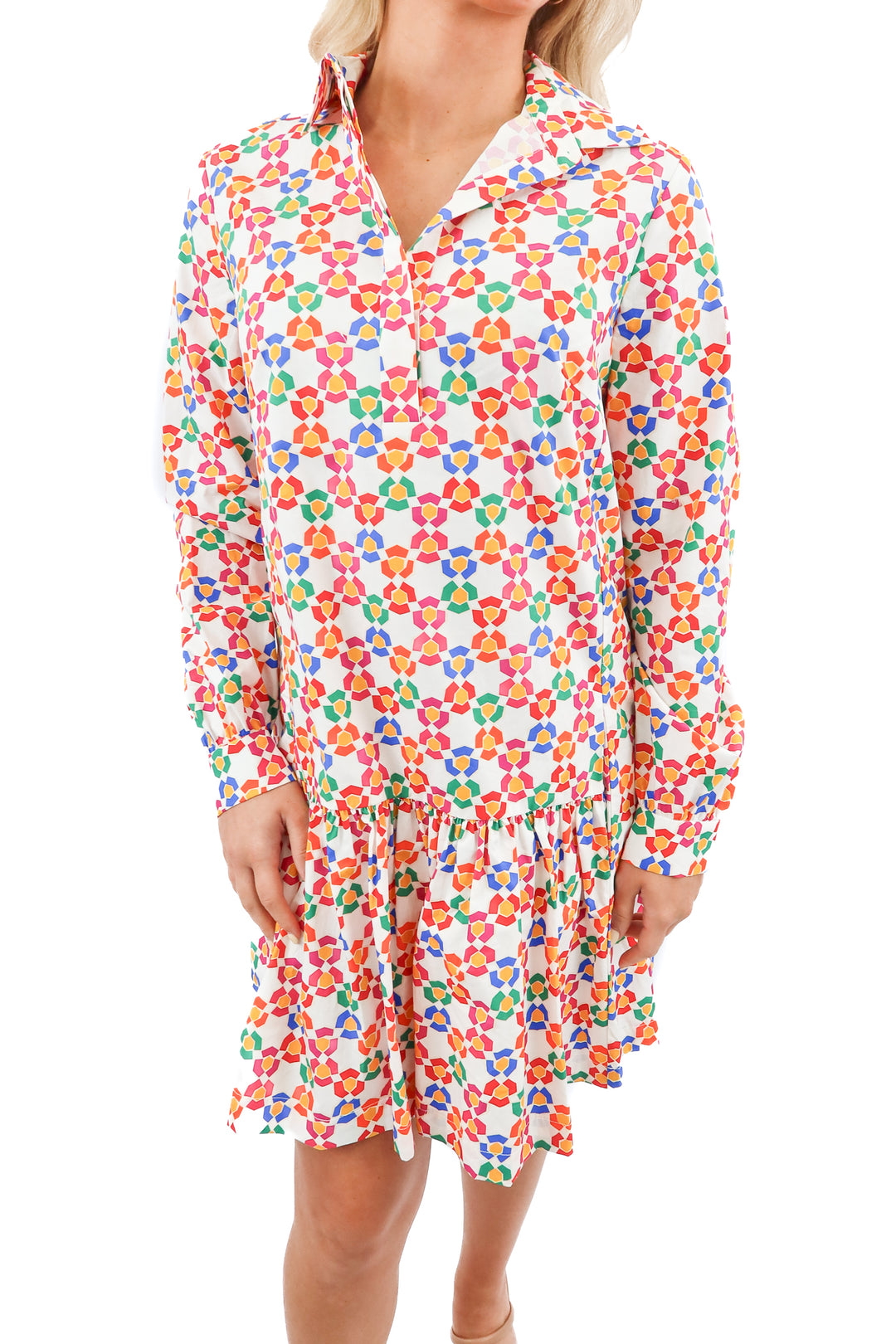 SALONI multicolor geometric print ruffle hem mini dress (4; retail $395)