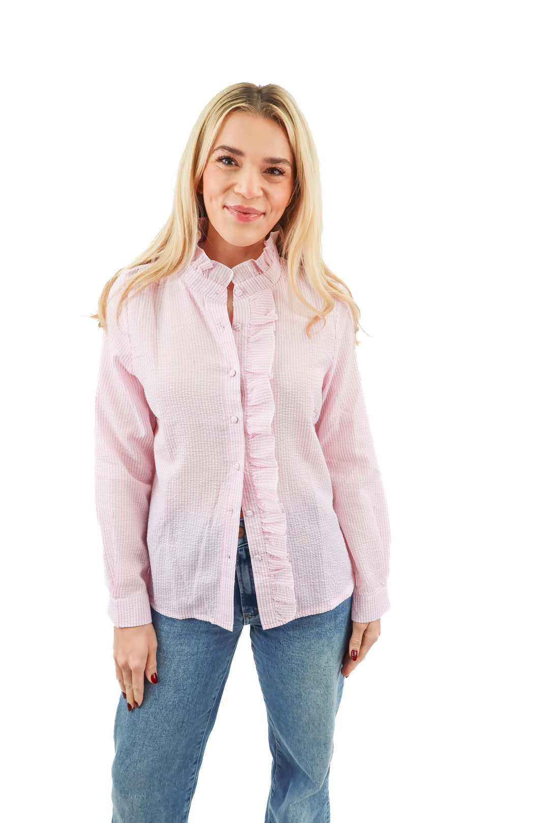 ELFTOWN pink seersucker long sleeve top (S)