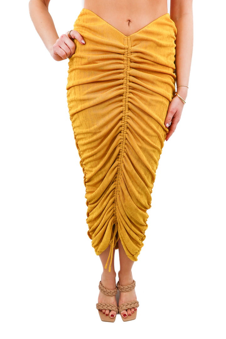 h:ours yellow metallic ruched maxi skirt (S; retail $198)