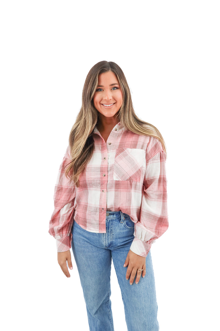 sanctuary pink plaid flannel top (M)
