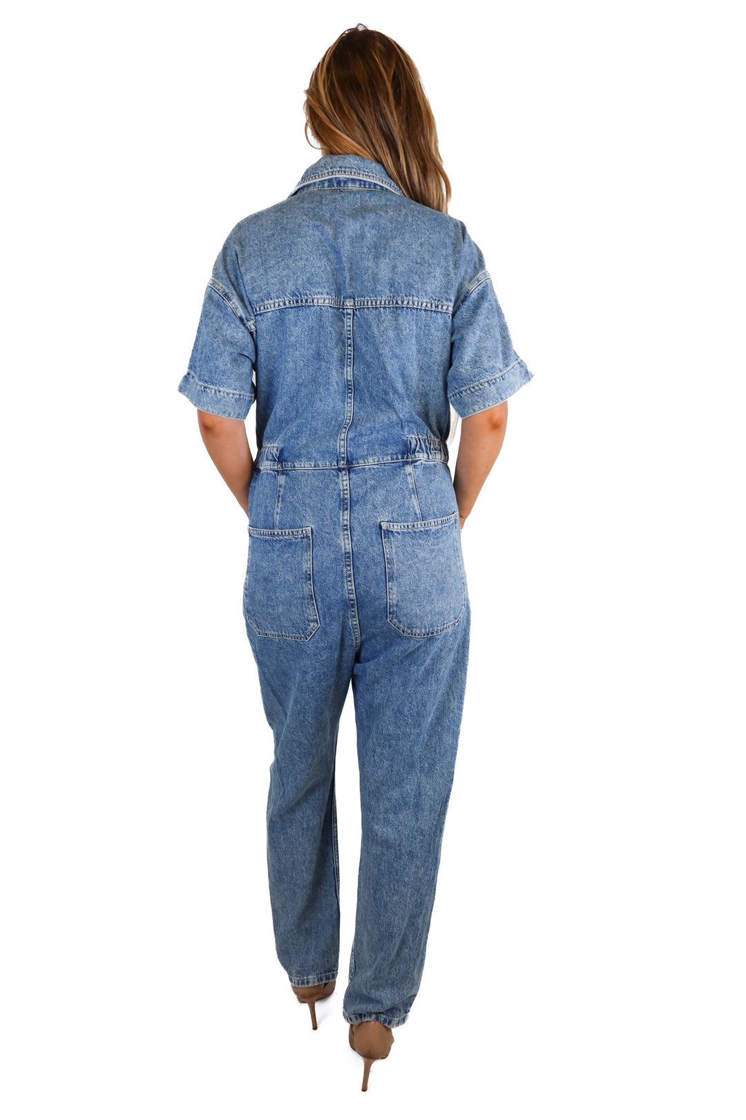 free people denim jumpsuit (L; retail $128)