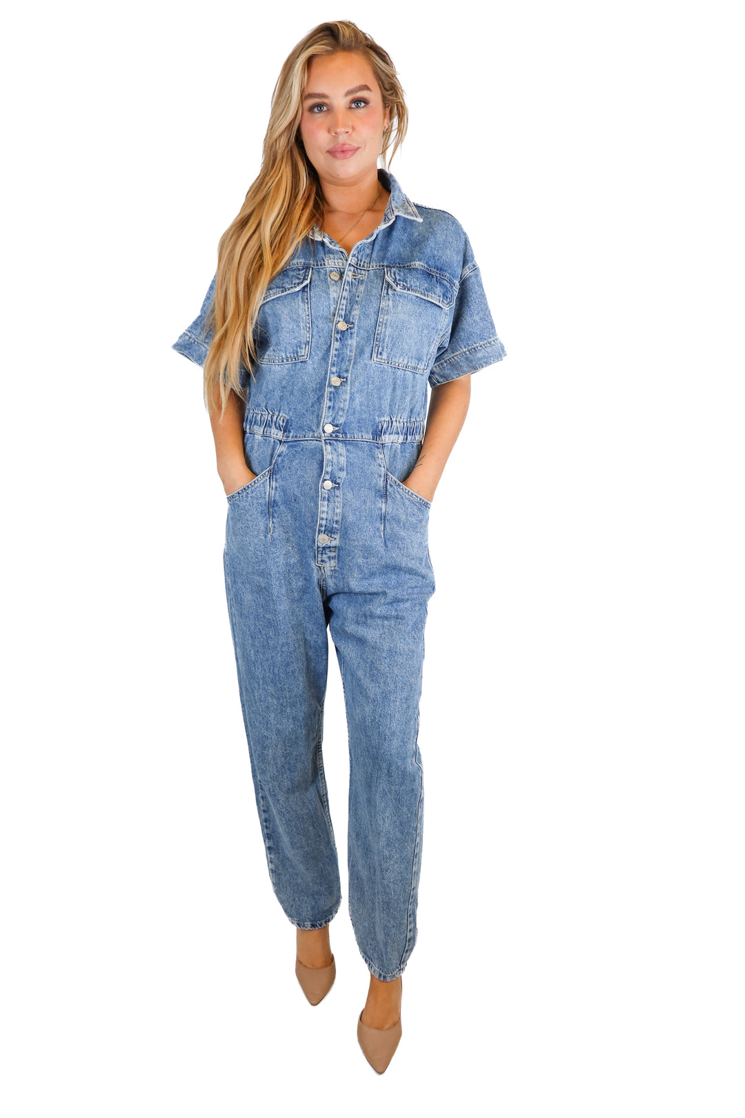 free people denim jumpsuit (L; retail $128)