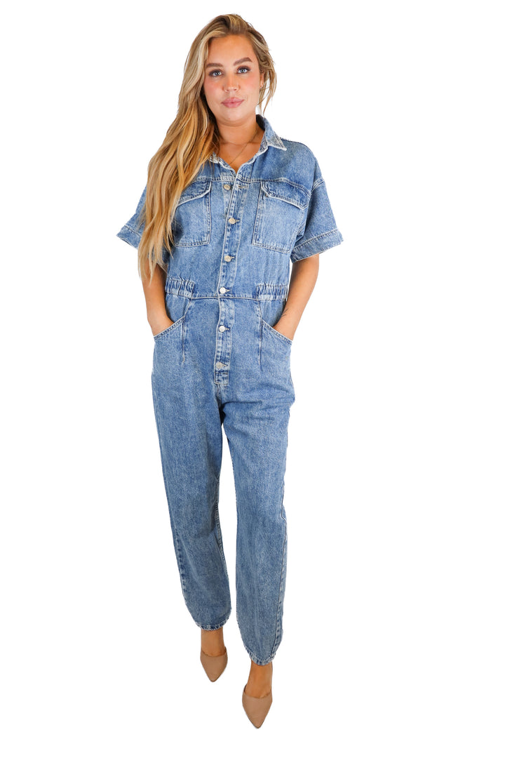 free people denim jumpsuit (L; retail $128)