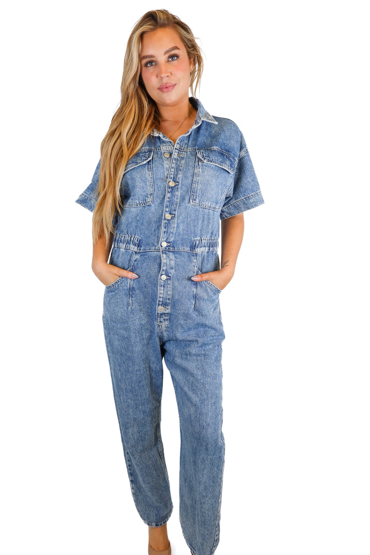 free people denim jumpsuit (L; retail $128)