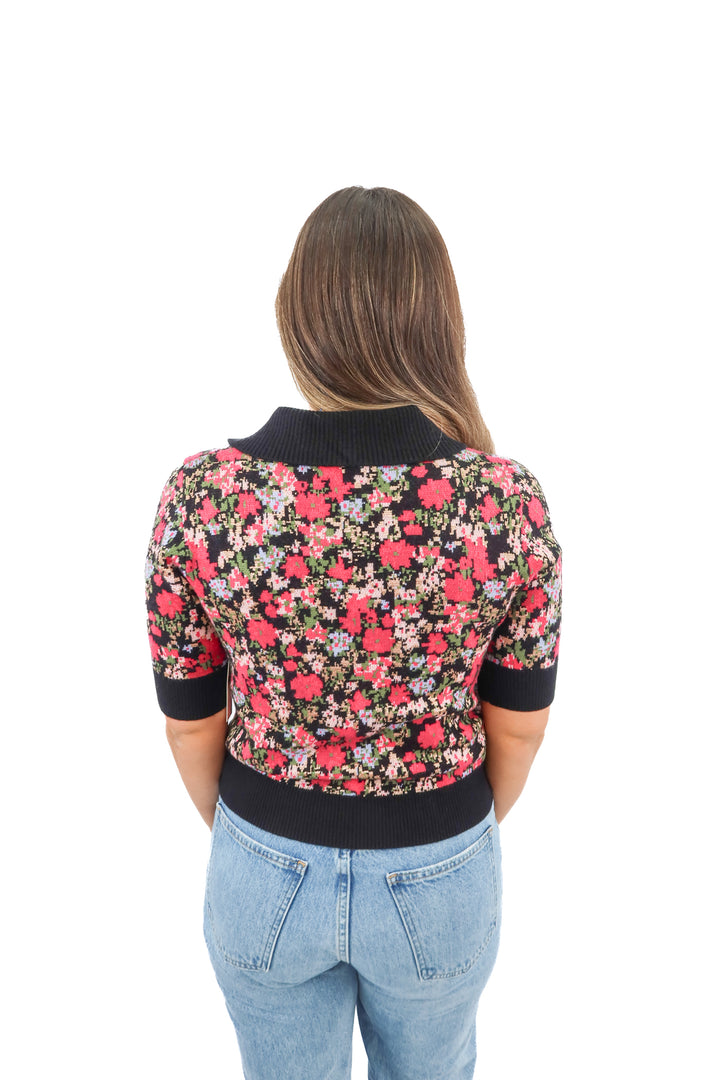 maeve black/pink floral short sleeve knit polo NWT (M; retail $118)