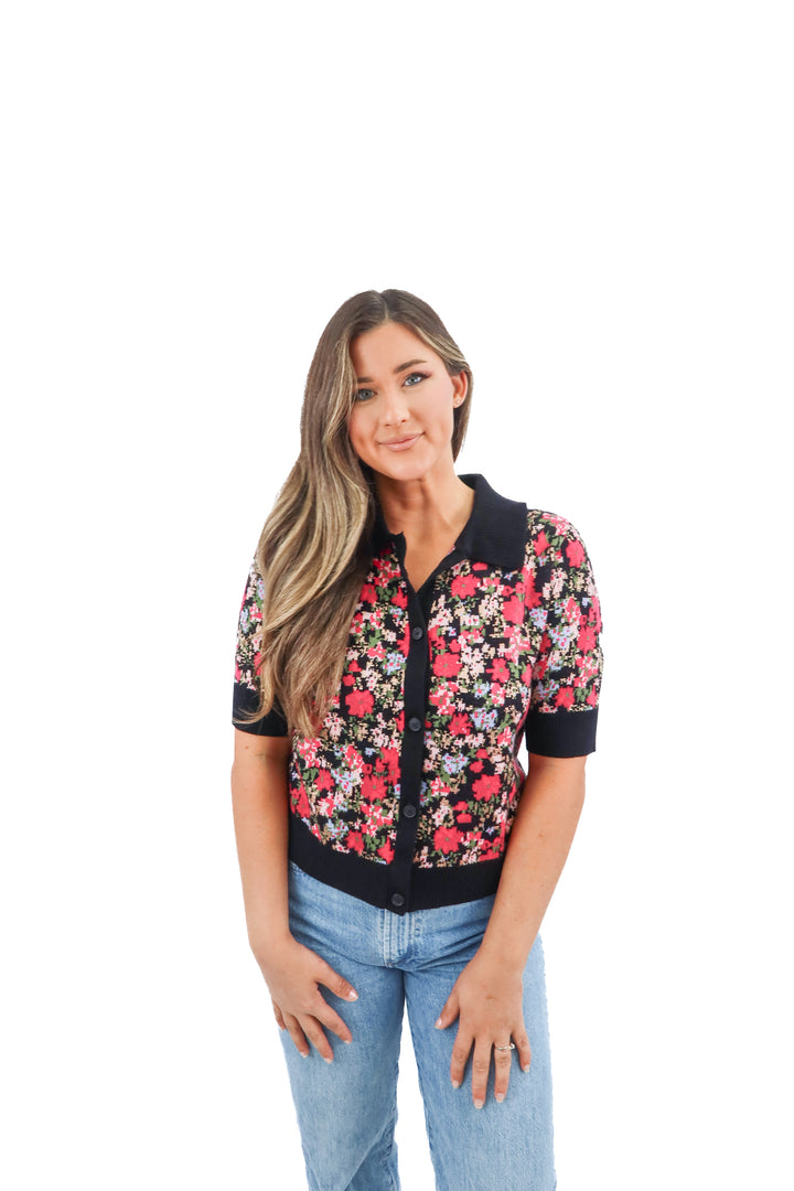 maeve black/pink floral short sleeve knit polo NWT (M; retail $118)