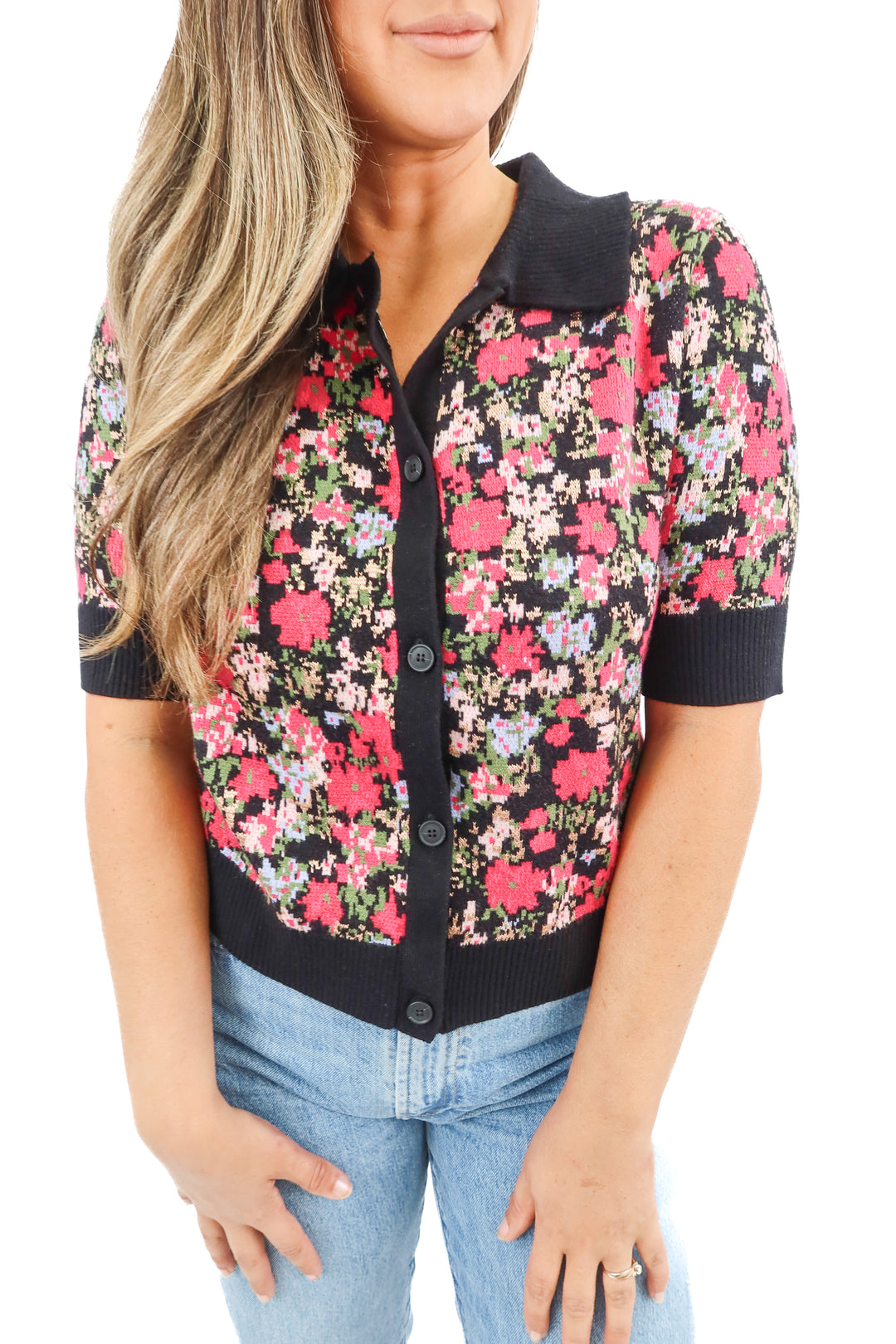 maeve black/pink floral short sleeve knit polo NWT (M; retail $118)