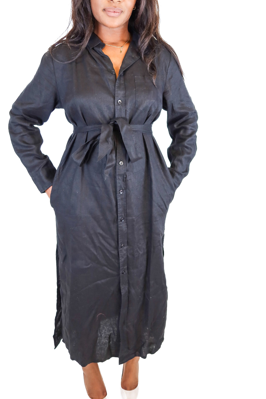 pura cashmere linen button up maxi dress (L) NWT