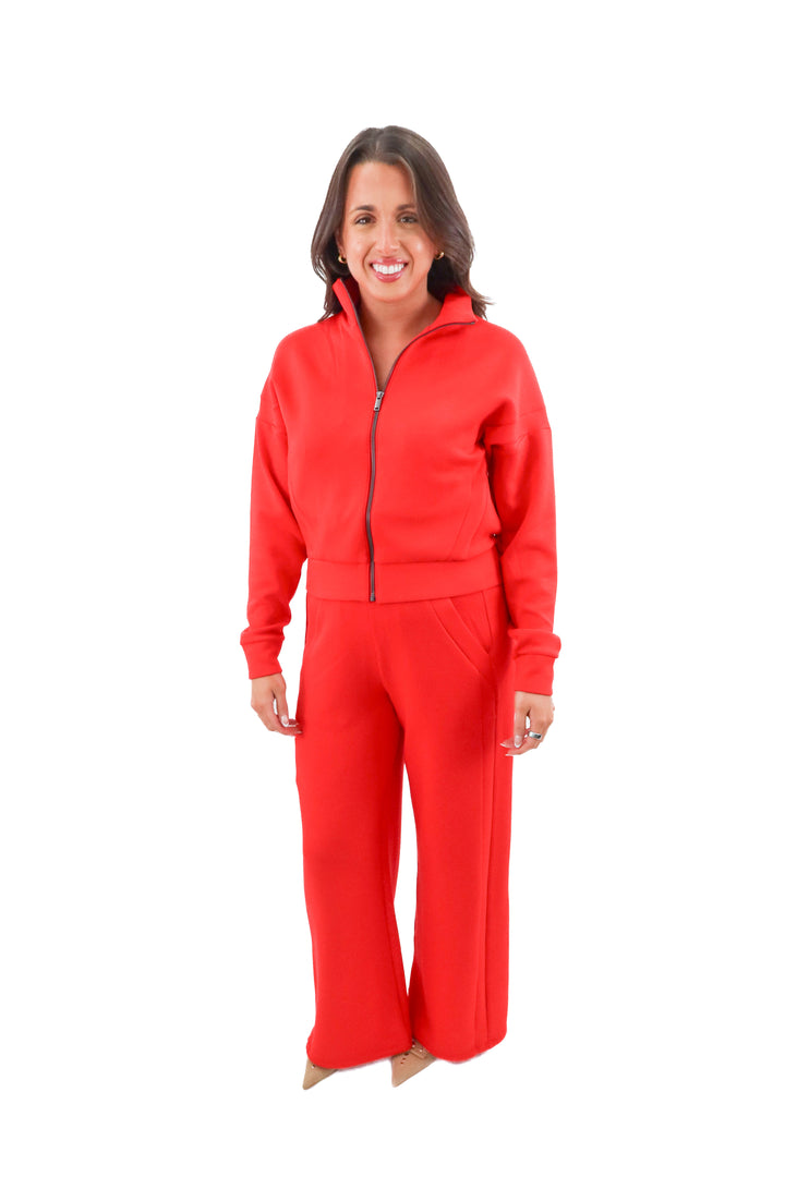spanx airessentials red full zip and wide leg pants set nwt (m)