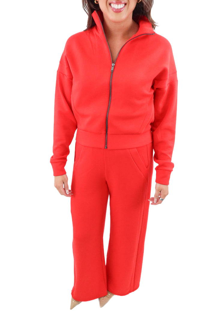 spanx airessentials red full zip and wide leg pants set nwt (m)