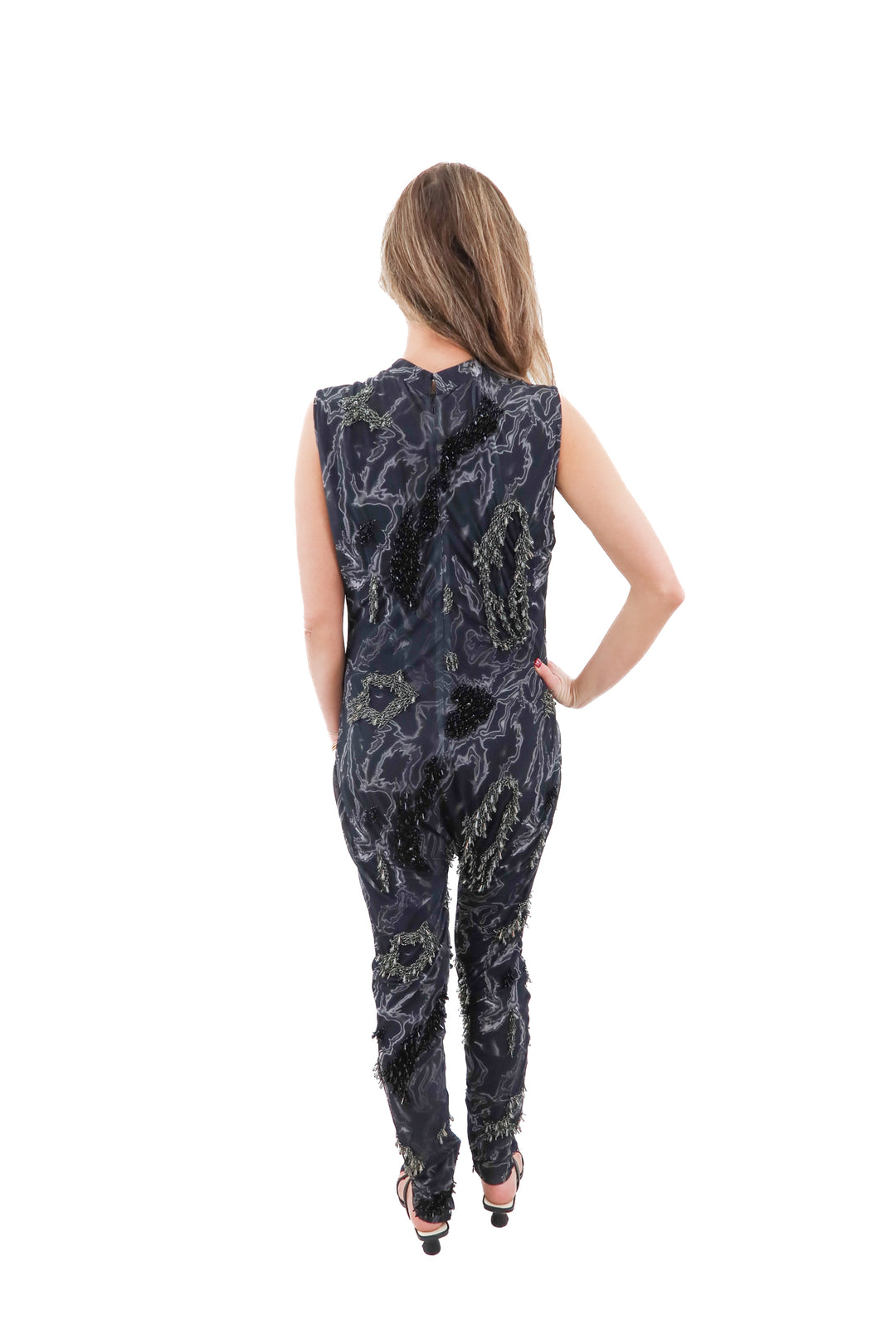 onalaja black/grey marbled mesh beaded jumpsuit (xl; retail $895)