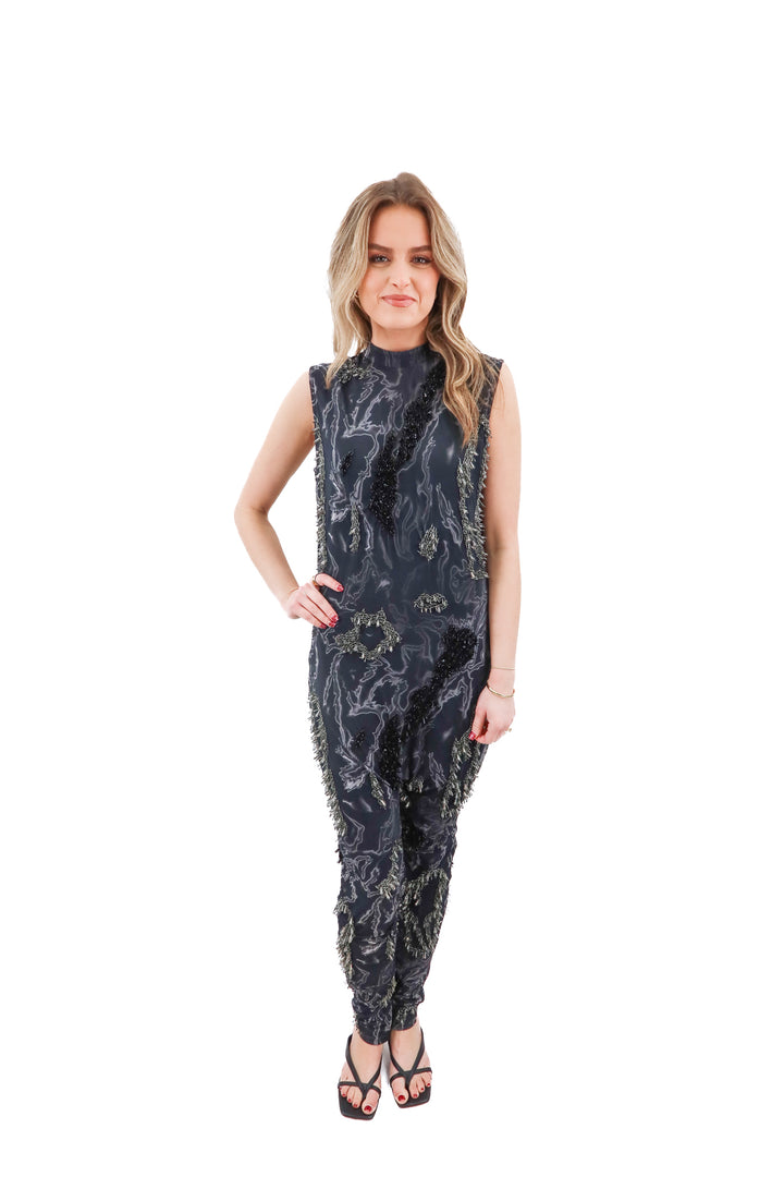 onalaja black/grey marbled mesh beaded jumpsuit (xl; retail $895)