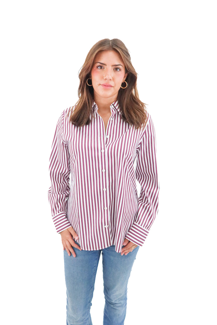 Chicos purple and white stripe button down up (8; retail $82)