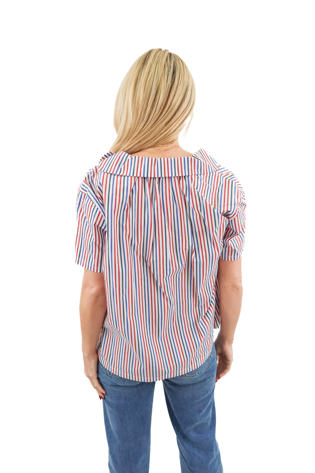 Pomander Place red blue stripe finn blouse (S; retail $98)