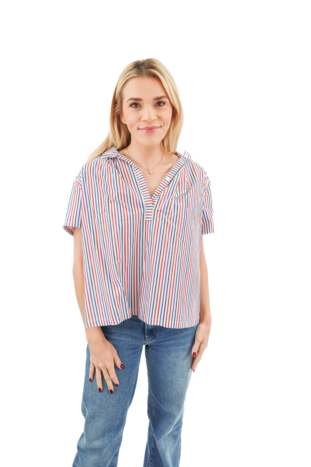 Pomander Place red blue stripe finn blouse (S; retail $98)
