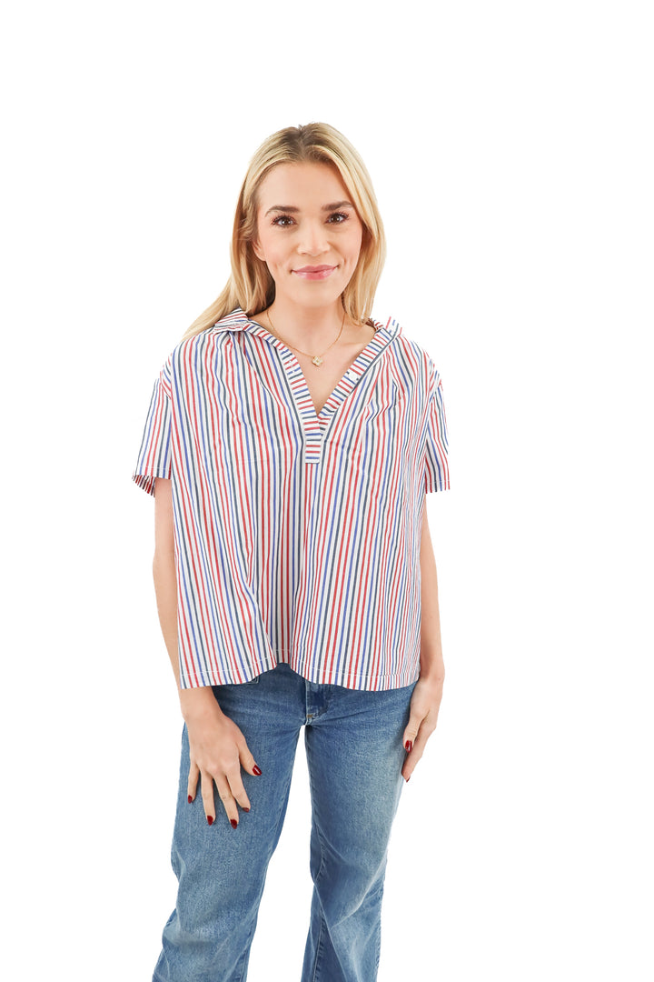 Pomander Place red blue stripe finn blouse (S; retail $98)