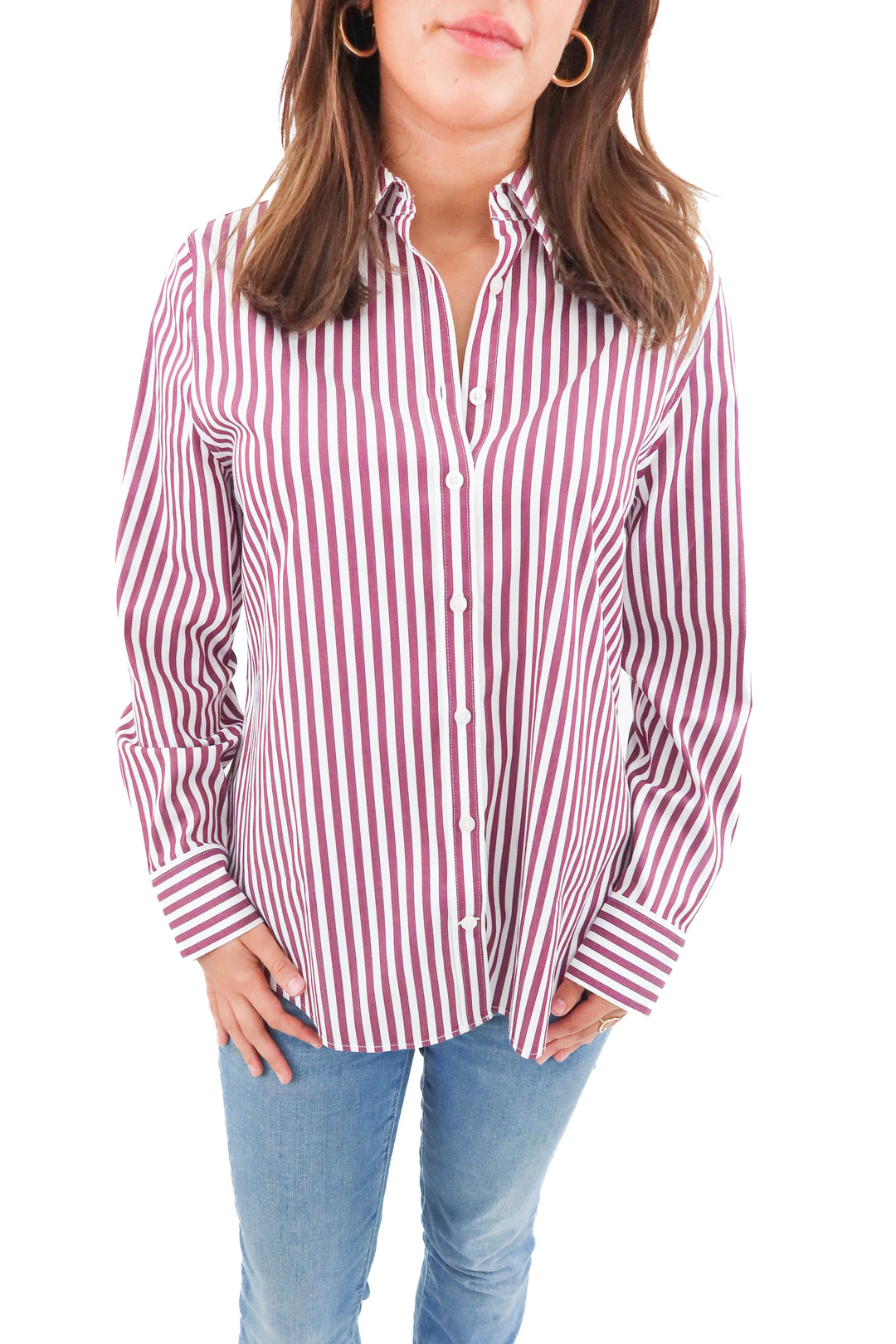 Chicos purple and white stripe button down up (8; retail $82)