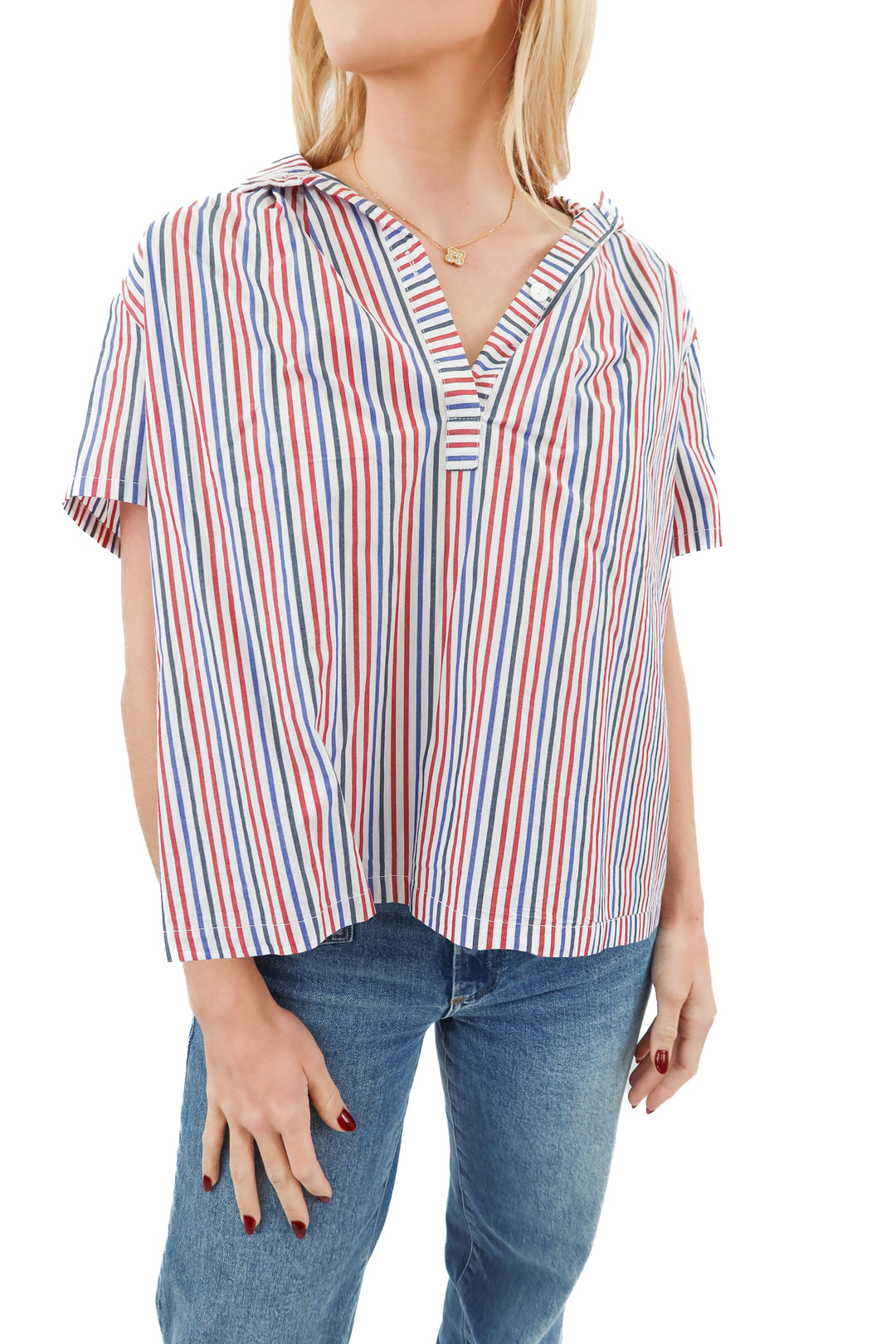 Pomander Place red blue stripe finn blouse (S; retail $98)