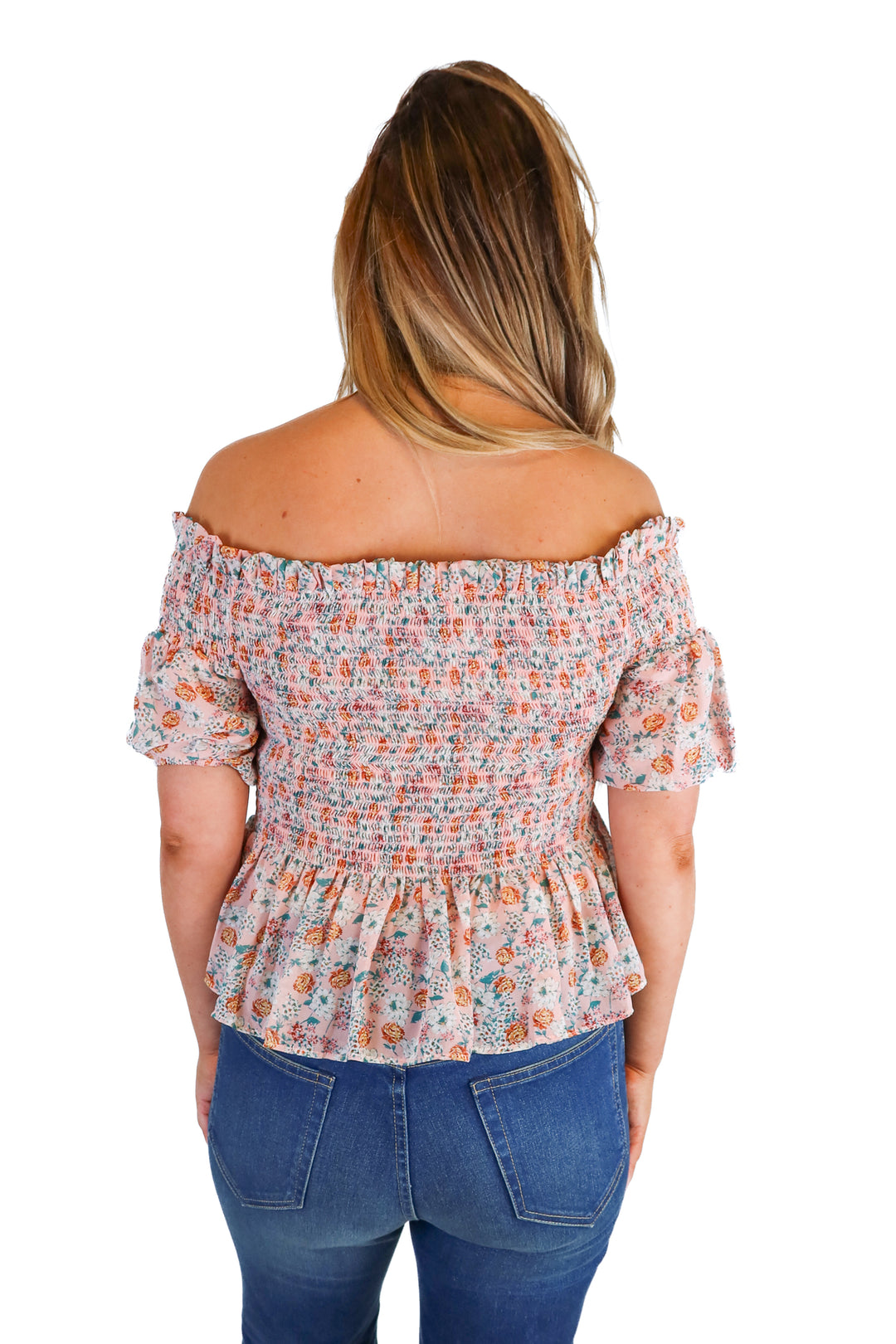socialite pink floral smocked off the shoulder top NWT (m)
