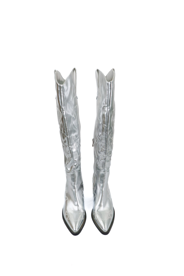 Azalea Wang silver tall cowboy boots (7; retail $129)