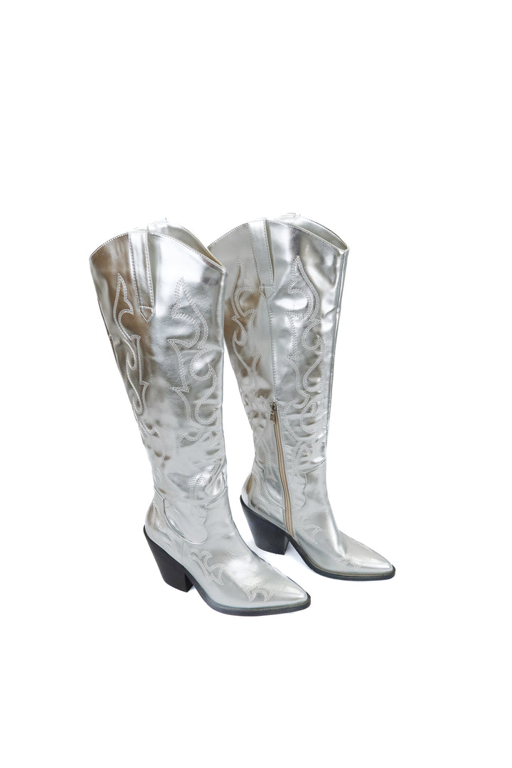 Azalea Wang silver tall cowboy boots (7; retail $129)