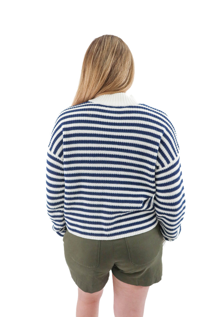 Madewell navy and white stripe half zip sweater (l; retail $99)