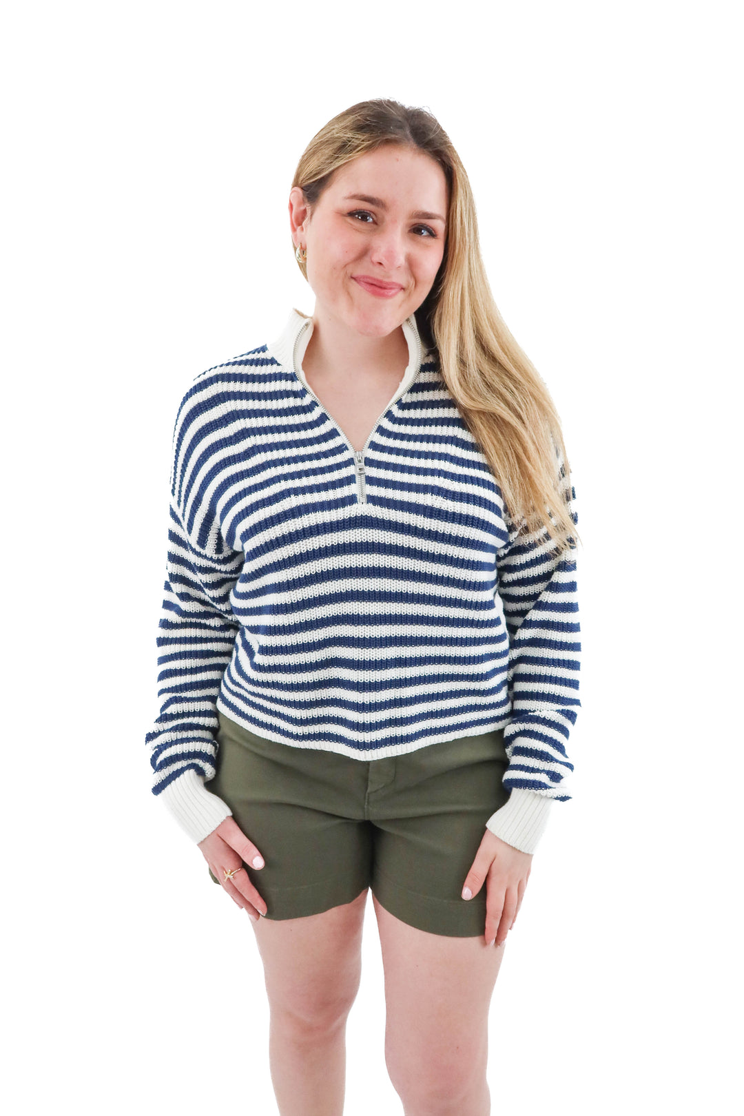 Madewell navy and white stripe half zip sweater (l; retail $99)