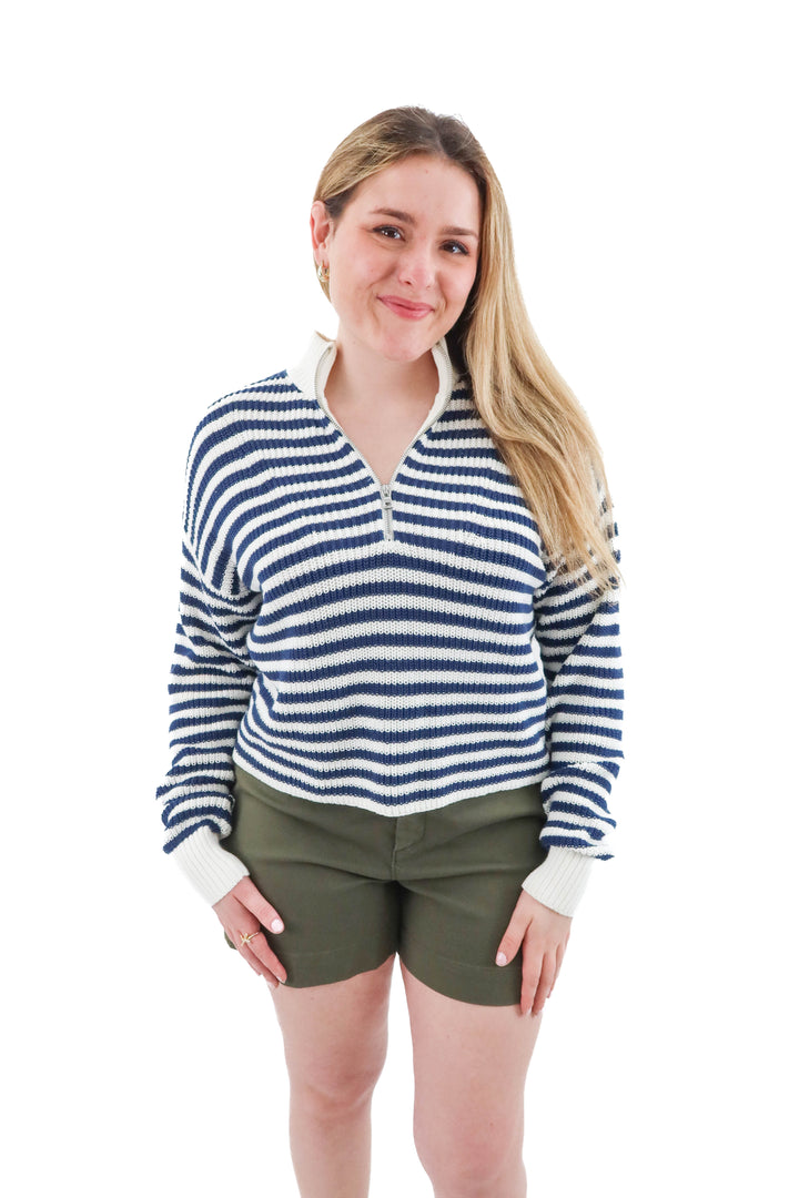 Madewell navy and white stripe half zip sweater (l; retail $99)
