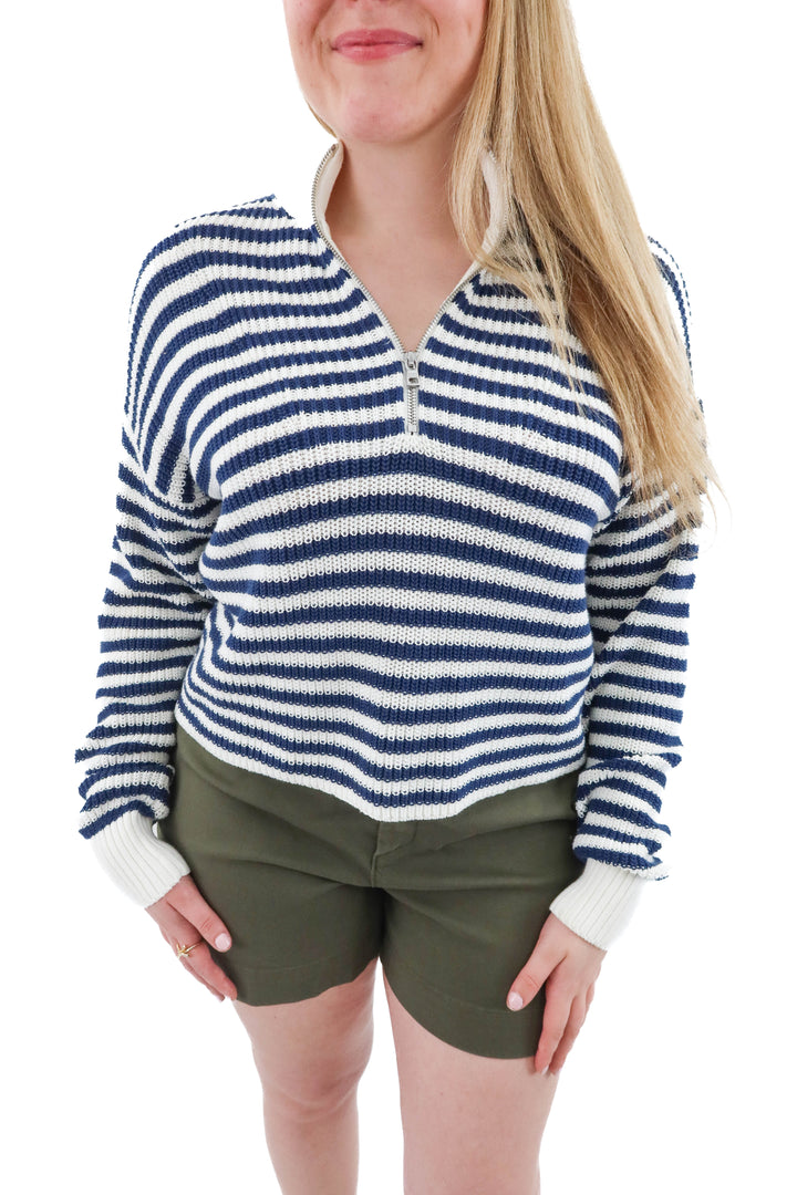 Madewell navy and white stripe half zip sweater (l; retail $99)