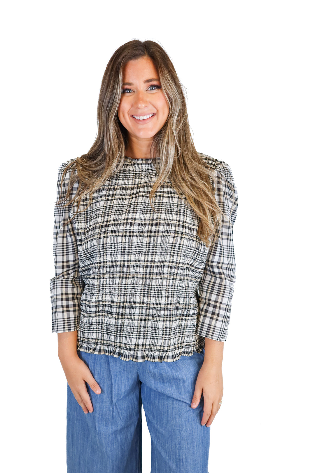 ann taylor plaid smocked 3/4 sleeve blouse NWT (XL; retail $69.50)